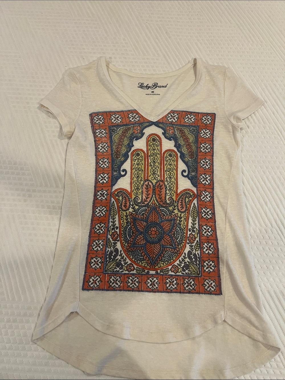 Lucky Brand Cream V-Neck Tee with Orange & Blue Hamsa Panel